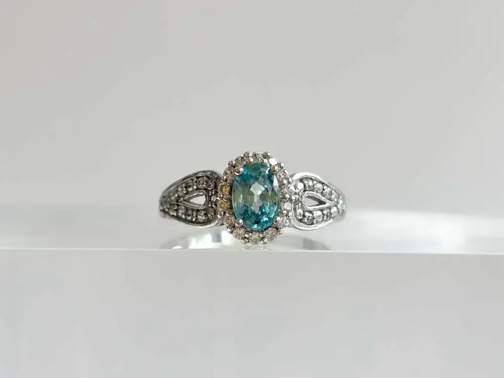 Blue Topaz Halo Style Open Shank Multi Gemstone Sterling Silver 925 Vintage Ring